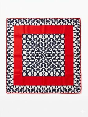 Red Navy White Chain Link Geometric Pattern Scarf Vintage